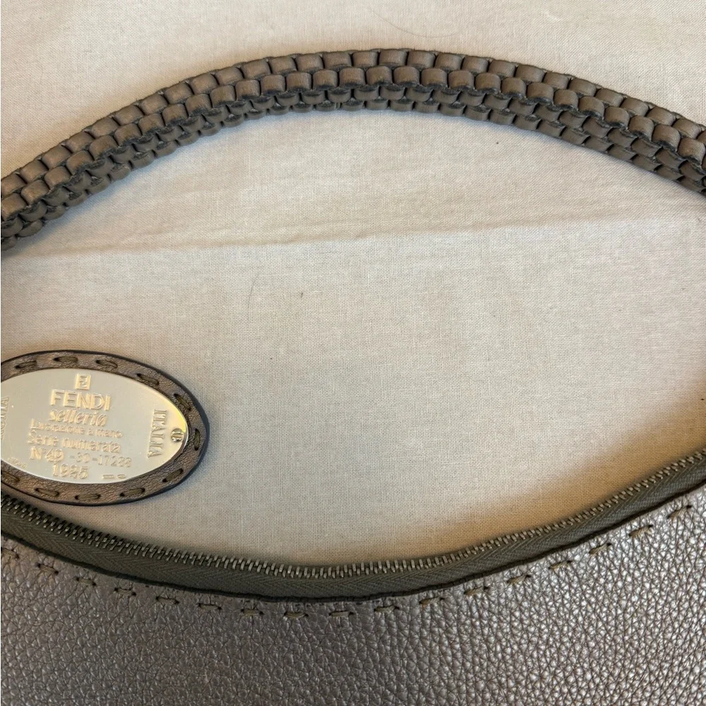 Fendi‎ Pewter Selleria Textured Leather Hobo Women's Bag Metallic Silver